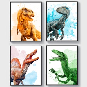 4 dipinti ad acquerello con dinosauri, opera d&#39;arte di animali, tirannosauro rex, spinosauro, velociraptor, decorazione per la cameretta dei bambini, regalo per gli amanti dei dinosauri