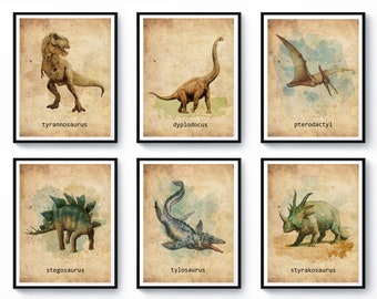 Dinosaur Types Vintage Poster Set of 6 Dinosaur Illustration Dinosaur Decor Boys Room Decor Home Wall Decor Nursery Printable Art Digital
