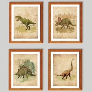 4 Dinosaur Vintage Drawings Watercolor T-Rex Stegosaurus Diplodocus Triceratops Art Jurassic Animals Poster Boys Room Decor Nursery Art