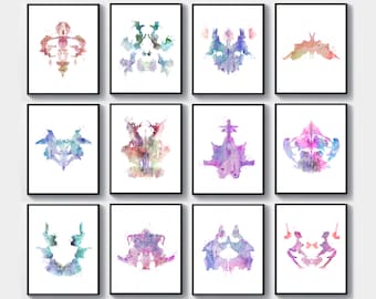 SET 12 Rorschach Watercolor Inkblots Test Medical Art Doctor Office Art Psychological Testing System Psychiatrist Gift Science Art
