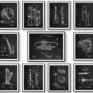11 Music Wall Art, Musical Instrument Decor, Patent Drawing, Blueprint Art, Guitar Patent, Piano Patent, Saxophone Patent, Musician Gift