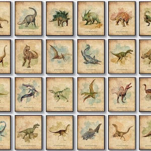 24 Dinosaur Vintage Art Posters Dinosaur Types Art Prints Dinosaurs Names Diagram Watercolor Dinosaur Art Kids Room Decor Teaching Chart