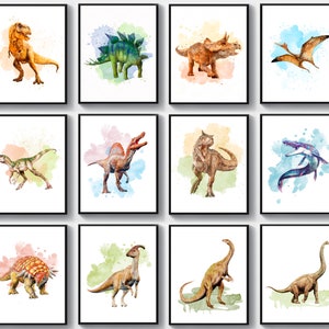 Watercolor Dinosaur Art Set of 12, Jurassic Animals, T-rex, Triceratops, Stegosaurus, Brontosaurus, Spinosaurus, Pterosaurus, Mosasaurus