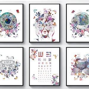 6 Poster Optometrie, Optiker Geschenk, Sehdiagnostik, Anatomie des menschlichen Auges, Refraktor Illustration, Pupillen und Blumen Kunst, Optometrist Geschenk