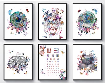May include: Six watercolor illustrations of eye care related images. The images include an eye, an eye chart, an optometrist's tool, and a stylized eye with flowers. The images are all in a watercolor style with a white background.