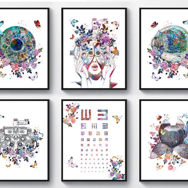 6 Optometry Posters, Optician Gift, Vision Diagnostics, Human Eye Anatomy, Refractor Illustration, Pupil and Flowers Art, Optometrist Gift