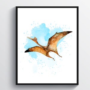 May include: Watercolor painting of a pterodactyl flying against a blue watercolor background with white splatters.