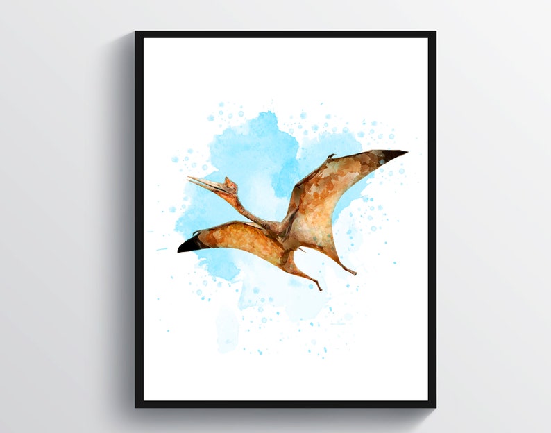 May include: Watercolor painting of a pterodactyl flying against a blue watercolor background with white splatters.