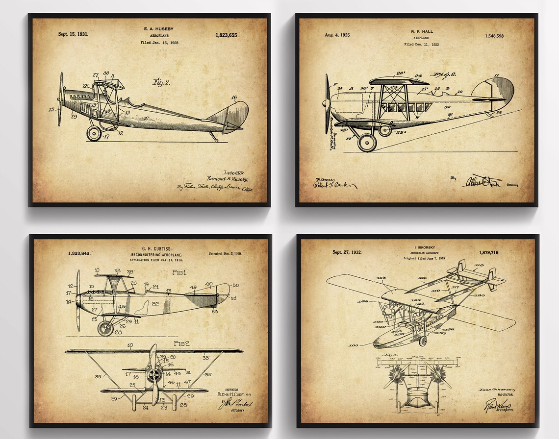 4 Vintage Airplane Art Patents Aviation Poster Plane Blueprint Air ...