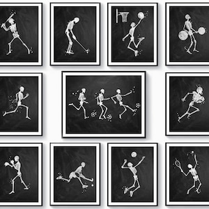 May include: Set of 10 black and white printable art prints featuring skeletons playing different sports. The sports include baseball, golf, basketball, weightlifting, soccer, tennis, volleyball, and hockey.
