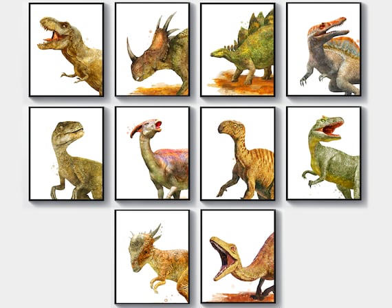 恐竜アートポスター10枚、水彩画の動物、爬虫類のイラスト
