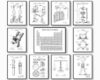 Chemist gift, Chemistry patent art set 11, Periodic table poster, Laboratory wall decor, Chemistry equipment blueprint, Scientist office art
