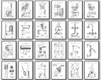 24 Bathroom Art Patents, Bathroom Wall Decor, Restroom Decor, Plumber Office Decor, Vintage Plumbing Inventions, Bath Patent Blueprint