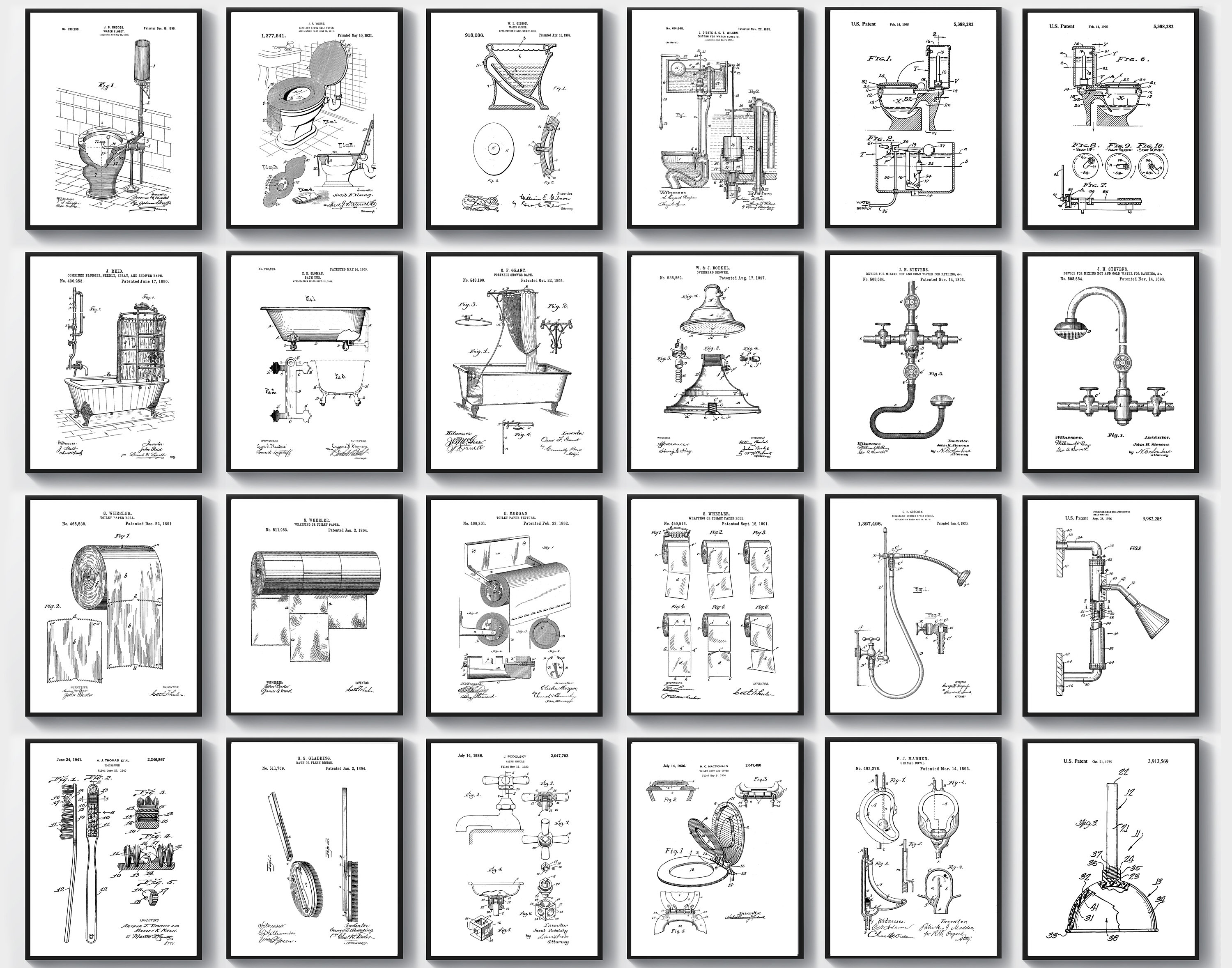 24 Bathroom Art Patents, Bathroom Wall Decor, Restroom Decor, Plumber Office Decor, Vintage Plumbing Inventions, Bath Patent Blueprint