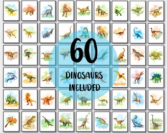 60 Watercolor Dinosaur Set Dinosaur Types Poster Ancient Reptiles Decor Tyrannosaurus Stegosaurus Triceratops Kids Room Decor Nursery Art
