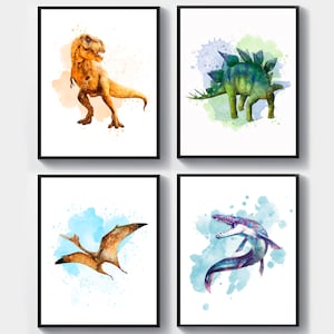 4 Dinosaurs Watercolor Art Jurassic Reptile T-Rex Stegosaurus Pterosaurus Mosasaur Art Dinosaur Wall Decor Kids Room Art Nursery Printable