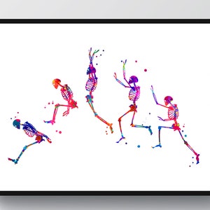 May include: A watercolor painting of five skeletons in various poses, all in shades of pink, blue, green, orange, and purple. The skeletons are jumping, reaching, and running.