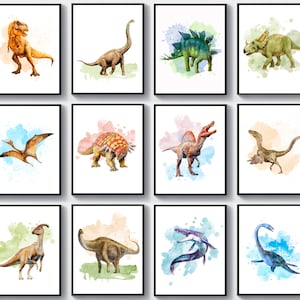 Watercolor Dinosaur Art Set of 12 Jurassic Dinosaurs T-Rex Stegosaurus Triceratops Decor Dinosaur Poster Kids Room Decor Nursery Printable