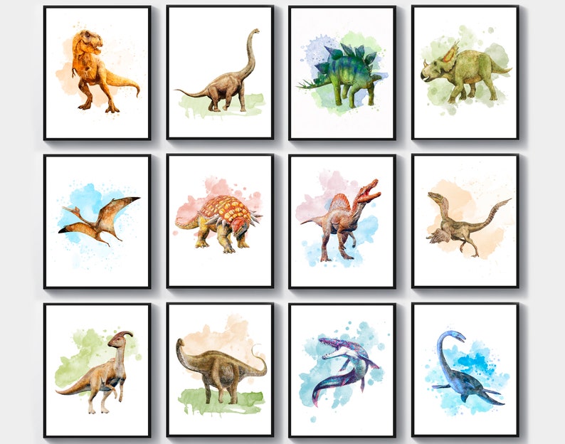 May include: A set of 10 watercolor dinosaur illustrations in black frames. The dinosaurs are depicted in various poses and colors, including green, brown, blue, and orange. The illustrations are set against a white background with watercolor splatters.