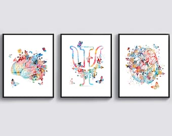 May include: Three watercolor prints featuring a brain, the Greek letter Psi, and a heart, all surrounded by colorful flowers and butterflies.