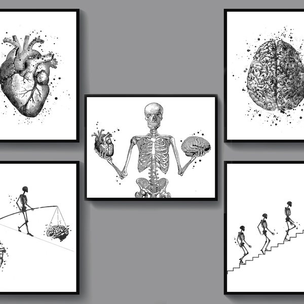 Set 5 Homme d’affaires Bureau Cadeau Équilibre avec Cerveau et Cœur Art Médical Art Anatomique Coeur et Cerveau Dessin Squelette Affiche Docteur Cadeau