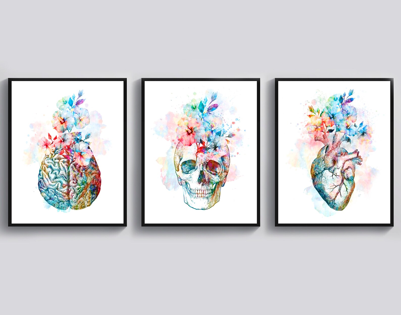 3 Watercolor Anatomy Art Doctor Gift Anatomical Heart Art Floral Skull ...
