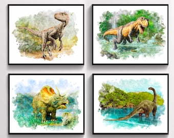 Watercolor Dinosaur Art Prints T-Rex Velociraptor Triceratops Brontosaurus Wall Decor Kids Room Decor Dinosaur Party Birthday Gift