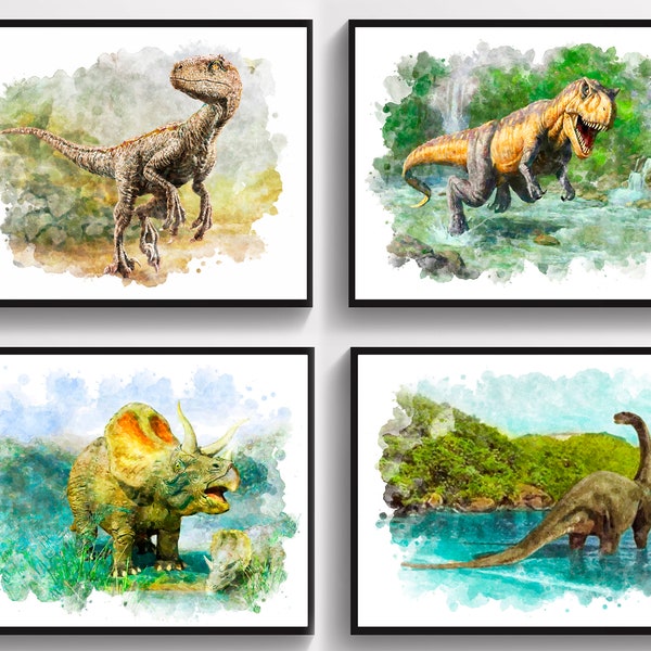 Watercolor Dinosaur Art Prints T-Rex Velociraptor Triceratops Brontosaurus Wall Decor Kids Room Decor Dinosaur Party Birthday Gift