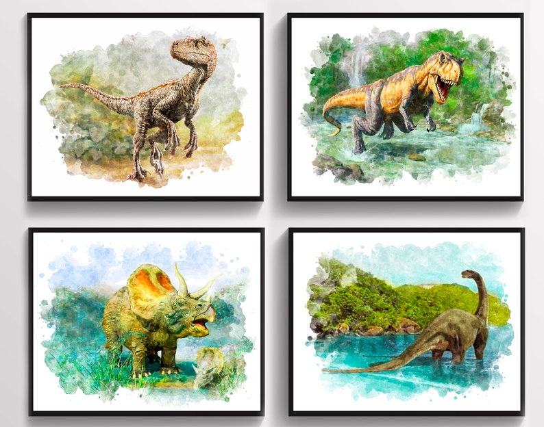 Watercolor Dinosaur Art Prints T-Rex Velociraptor Triceratops Brontosaurus Wall Decor Kids Room Decor Dinosaur Party Birthday Gift image 1