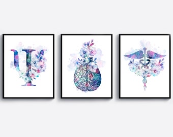May include: Three watercolor prints featuring a psychology symbol, a brain, and a medical caduceus. Each image is surrounded by delicate blue and purple flowers.