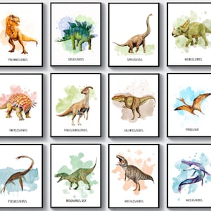 Set 12 Watercolor Dinosaurs Art Jurassic Dinosaur Decor Tyrannosaurus T-Rex Stegosaurus Pterosaurus Mosasaurus Plesiosaurus Indominus Rex