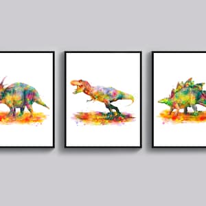Triceratops Tyrannosaurus Stegosaurus Art Watercolor Animal Art Dinosaur Poster Kids Room Art Dinosaur Theme Nursery Artwork
