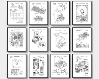 Ensemble de 12 brevets d'ordinateur personnel, premier plan d'ordinateur, affiche de programmation de brevet de bureau rétro, clavier souris, disque dur, décor de brevet