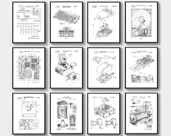 Könnte beinhalten: Eine Sammlung von neun Schwarzweiß-Patentzeichnungen für Computerhardware-Komponenten. Die Zeichnungen zeigen eine Tastatur, eine Maus, eine Festplatte, ein Diskettenlaufwerk, eine Leiterplatte und ein Computergehäuse.