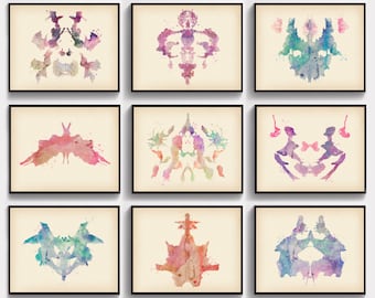 9 Vintage Rorschach Test Acuarela Inkblot Arte Arte Médico Psicólogo Oficina Arte Ciencia Arte Psiquiatra Regalo Colegio Médico Decoración