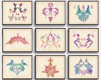 9 Vintage Rorschach Test Acuarela Inkblot Arte Arte Médico Psicólogo Oficina Arte Ciencia Arte Psiquiatra Regalo Colegio Médico Decoración