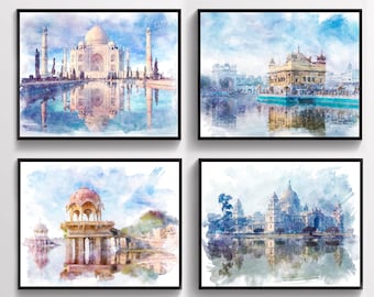 4 India Landscape Art, Taj Mahal Art, Watercolor Painting, Indian Monuments Artwork, Home Wall Decor, Travel Art, Yoga Teacher Gift