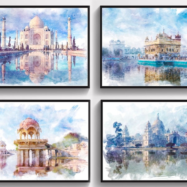 4 Art du paysage indien, Art du Taj Mahal, Peinture à l’aquarelle, Œuvres d’art de monuments indiens, Décoration murale pour la maison, Art de voyage, Cadeau de professeur de yoga