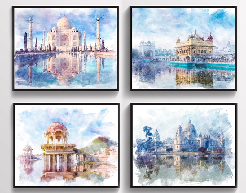 4 Art du paysage indien, Art du Taj Mahal, Peinture à laquarelle, Œuvres dart de monuments indiens, Décoration murale pour la maison, Art de voyage, Cadeau de professeur de yoga image 1