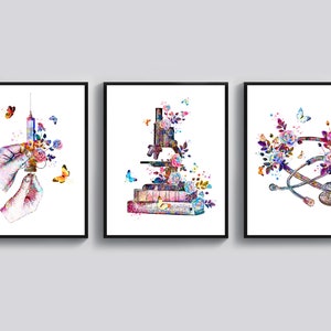 May include: Three watercolor paintings of medical tools with floral accents. The first painting shows a hand holding a syringe with a butterfly on the needle. The second painting shows a microscope with books and flowers. The third painting shows a stethoscope and a medical symbol with flowers.