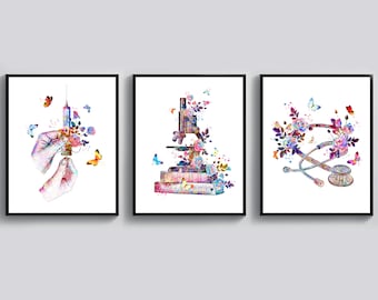 3 Nurse Gift Medical Tools Art Floral Syringe Microscope Stethoscope Art Doctor Office Drawing Clinic Decor Nurse Graduation Med Student Art