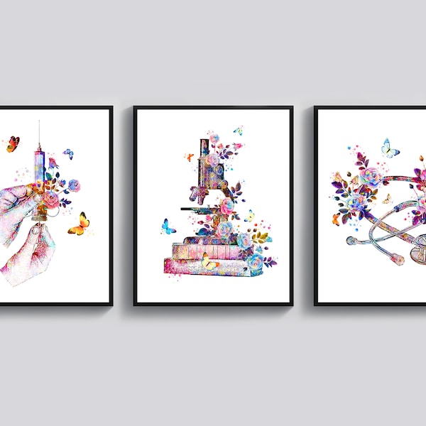 3 Nurse Gift Medical Tools Art Floral Syringe Microscope Stethoscope Art Doctor Office Drawing Clinic Decor Nurse Graduation Med Student Art