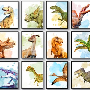 12 Dinosaurs of the Mesozoic Era Art Watercolor Dinosaurs Artwork Tyrannosaurus Triceratops Pterosaurus Wall Decor Child Bedroom Decor