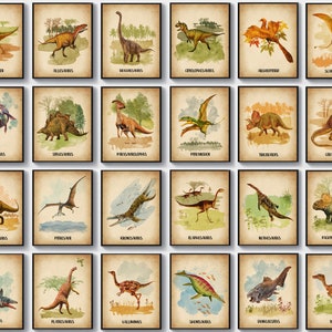 24 Educational Dinosaurs Posters, Dinosaur Types, Dinosaurs with Names, Watercolor Dinosaur Drawing, Vintage Art, Boys Room Decor