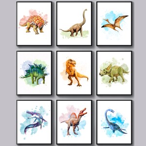 9 Dinosaurs Watercolor Paintings Extinct Animals Poster T-Rex Stegosaurus Triceratops Art Jurassic Dinosaurs Wall Decor Kids Room Decor