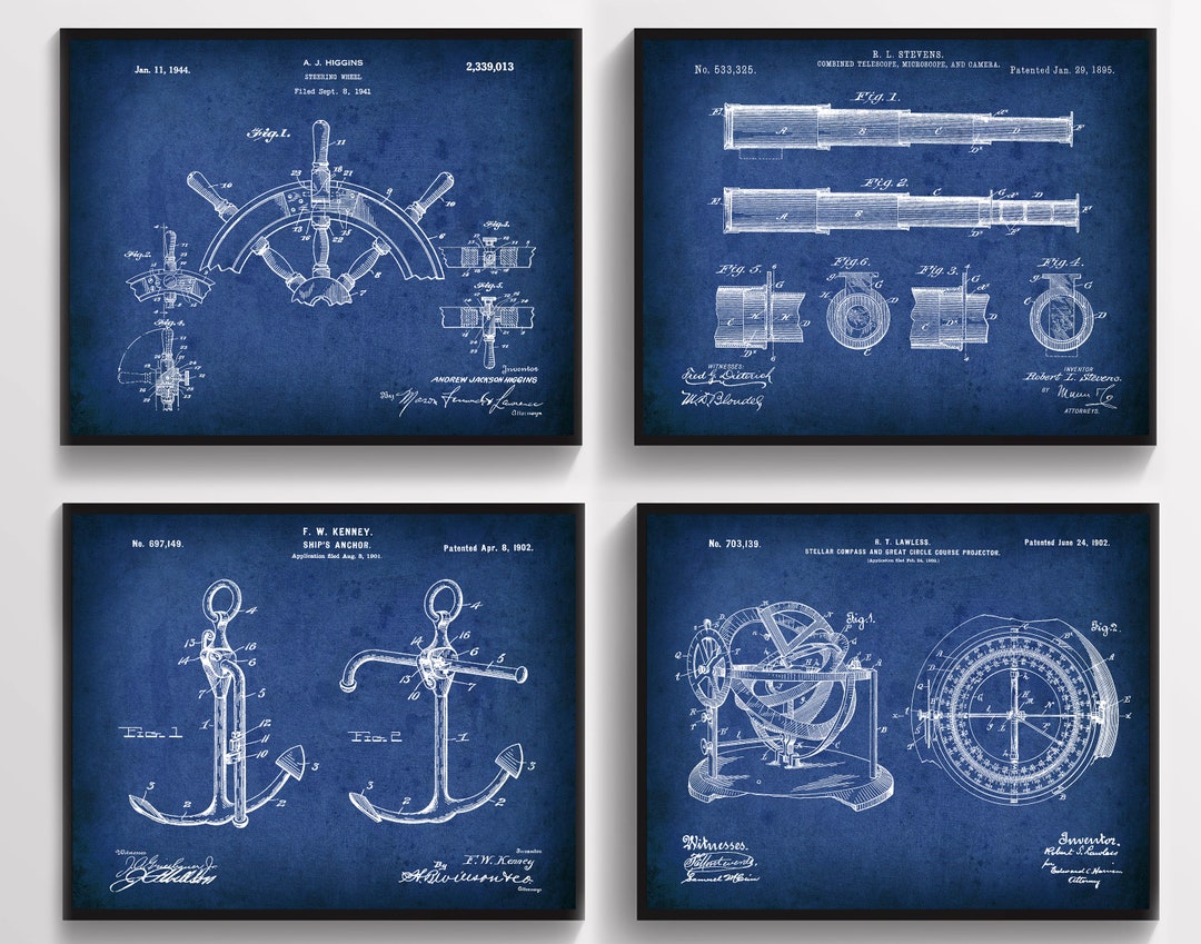 4 Sailor Gift Nautical Artwork Sailing Patent Art Vintage Blueprint ...