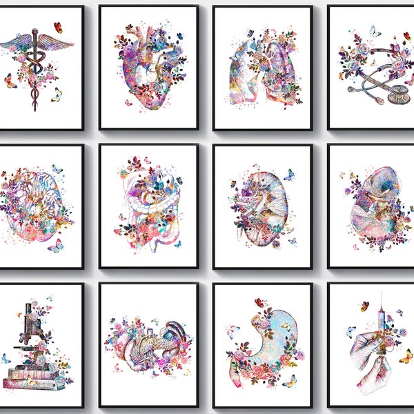 12 Watercolor anatomy art, Physiology Art, Floral anatomy artwork, Physical therapy wall art, Caduceus art, Syringe art, Stethoscope art