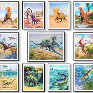 11 Dinosaurs Oil Painting Animal Artwork Dinosaur Art Kids Room Decor Dinosaur Lover Gift Brachiosaurus Mosasaurus Wall Art Biology Art