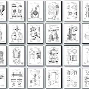 May include: A collection of framed black and white patent prints, showcasing various brewing and distilling equipment. The prints feature detailed technical drawings of tanks, barrels, and machinery, ideal for a brewery or home bar.