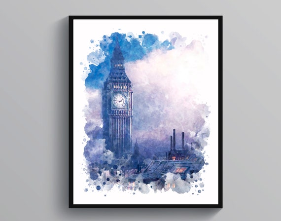 Stampa Su Tela Quadro Londra Con Big Ben E Ombrello Blu – Pittura Artistica Per Parete, Decorazione Casa, 46x31 Cm